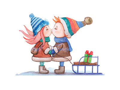 Girl and boy kiss winter outdoors boy celebration family girl illsutration invitation love postcard sled snow watercolor winter