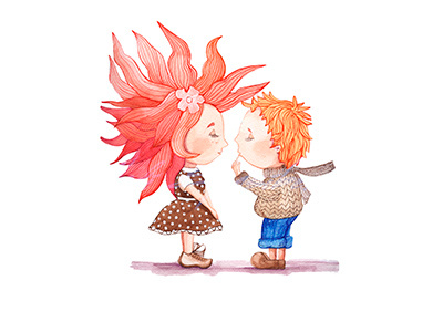 Girl and boy in anticipation of a kiss boy child draw family girl illustration invitation love painting people postcard watercolor