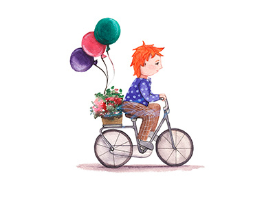 A Boy Rides A Bicycle Carries Flowers Gifts Balloons Watercolor attitudes bike boy child cycle draw illustration invitation love painting postcard watercolor