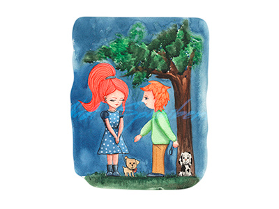 Girl And Boy In The Evening In The Park Under A Tree Walk Their boy cat child drawing family girl illustration love painting postcard tree watercolor