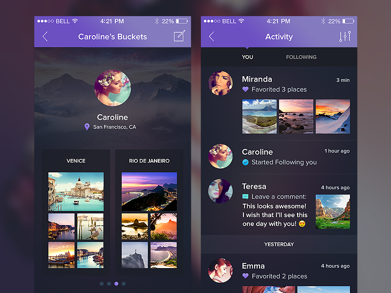 Night&Travel UI Kit WIP P2 dark feed filter flat freebie gallery illustration ios sketch travel ui walkthrough