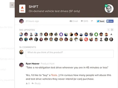 New detail detail modal product hunt social web
