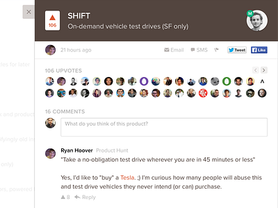 New detail detail modal product hunt social web