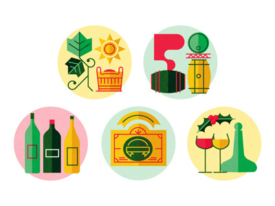 Wine Making barrel bottle glass icons label leaves mistletoe sun vector wine