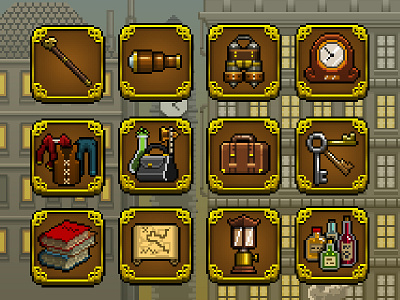 Steampunk Pixel Art Icons branding design game icons illustration pixel pixel art pixelart steampunk ui