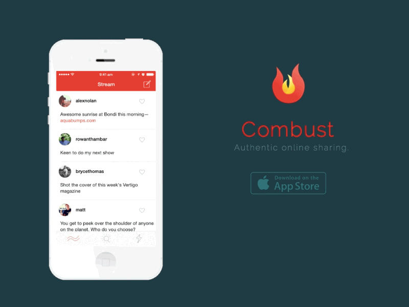 Combust app combust iphone social social media social network web design white