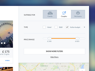Hotel search filters clean design hotel map minimal search settings travel ui user interface ux web design