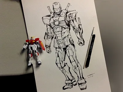 Iron Man x RX 78-2 Gundam anime art brush gundam illustration ink ironman marvel model paint paper toy