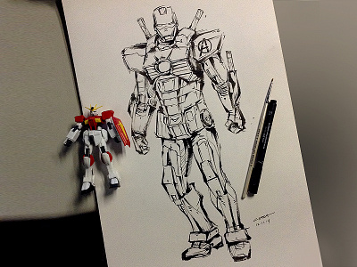 Iron Man x RX 78-2 Gundam anime art brush gundam illustration ink ironman marvel model paint paper toy