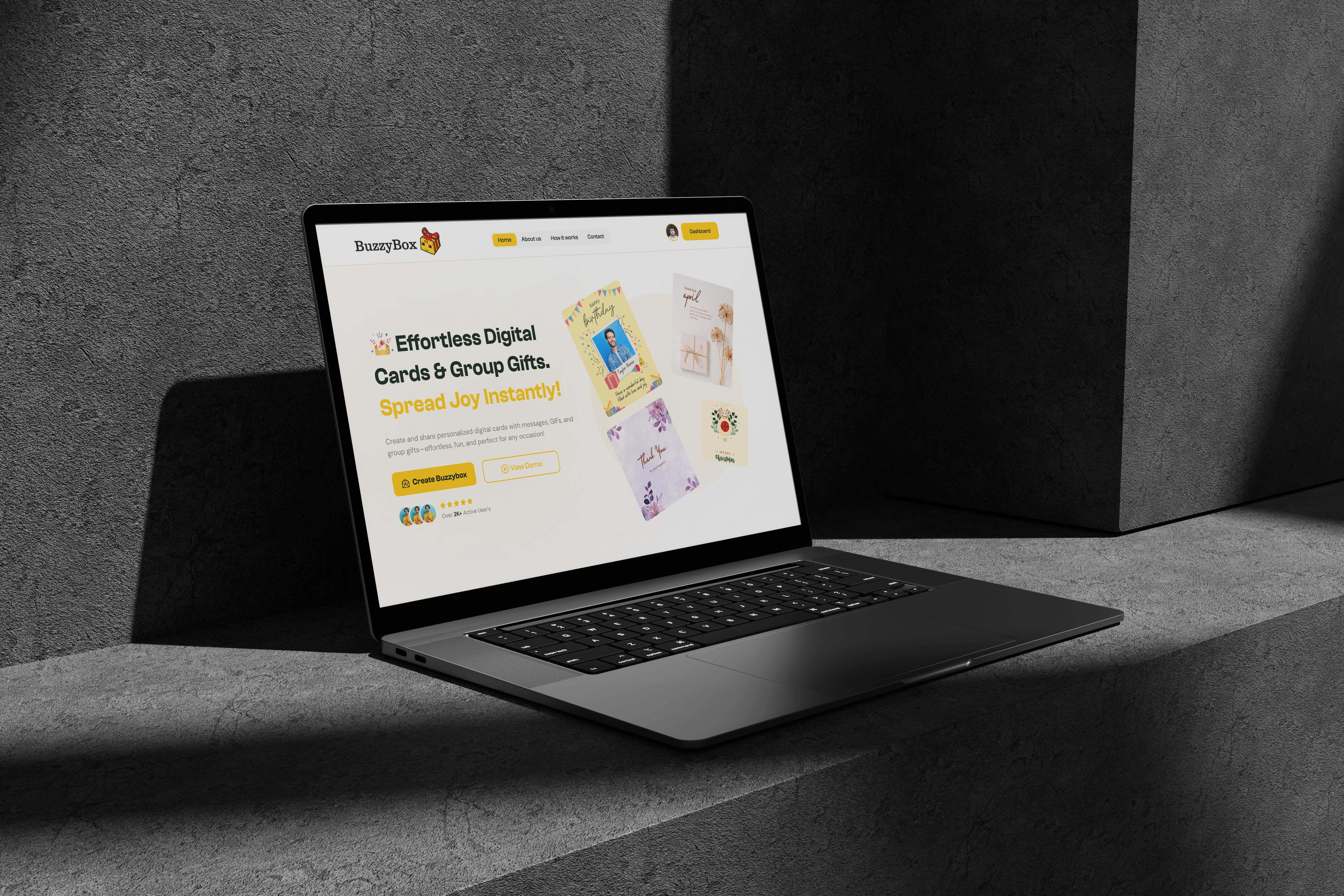 BuzzyBox- Digital Greetings Card Website digitalcards digitalgifts e card gift website graphic design home page landign page landing page modern website surprise website ui ui design ui ux ui ux design userinterface ux ux design web design websitedesign yellow website