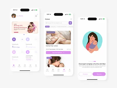 Asiku - Breastfeeding Support Mobile Apps apps baby branding breastfeeding clean design figma information lilac milk mobile mother support ui ux white