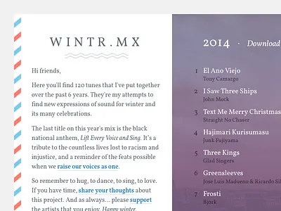 Wintr.mx christmas mix music new years playlist postcard serif vollkorn website winter