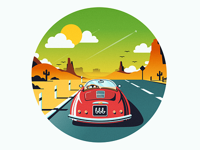 Porsche road trip australia car desert evening flat illustration mountain plane porsche retro travel vintage