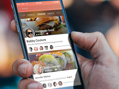 Curated food app card curate food interface iphone mobile order rating search social ui