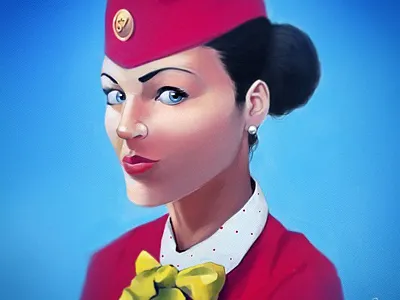 Stewardess air art blue drawing face girl portriat red