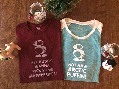 Snowberries arctic puffin christmas elf hers his holiday illustration screenprinting t shirts