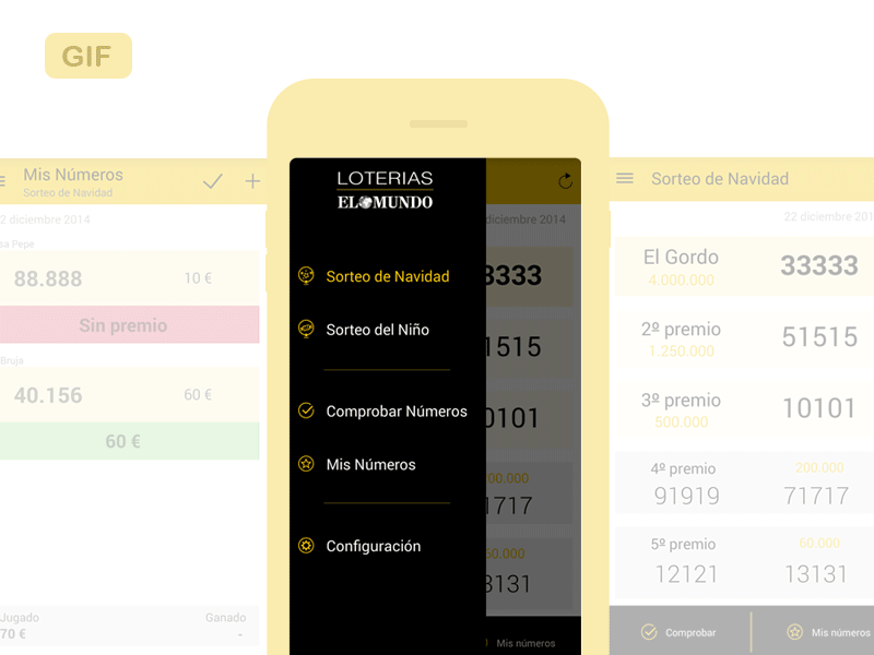 Screens Lottery App ana rebeca perez android apple application gif interactive ios iphone lotery menu mobile screens