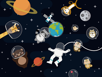 Walking in the space with animal friends:) animal astronaut bear earth galaxy giraffe monkey moon planet raccoon space squirrel