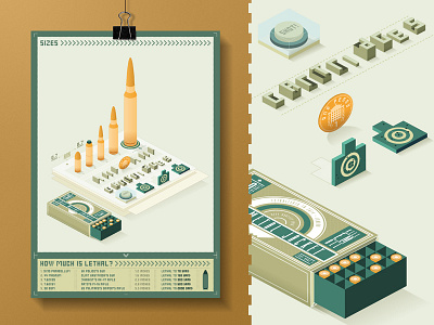 SIZES - When size matters bullets cartridges color gun isometric packaging rifle target typography