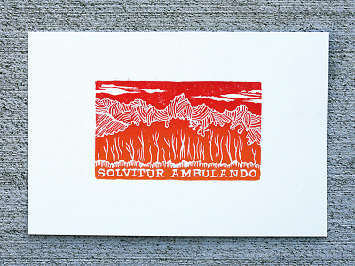 Solvitur Ambulando ink linocut print tetons