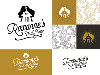 Roxanne's Nut House Branding branding drawing house illustration logo mustard packaging rustic vector