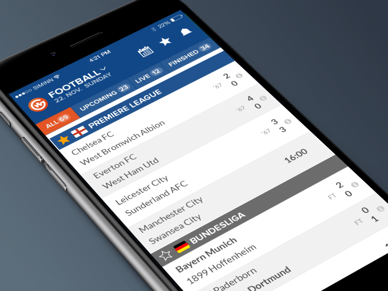 Goalwire Favorite animation app flat livescore mobile sport ui