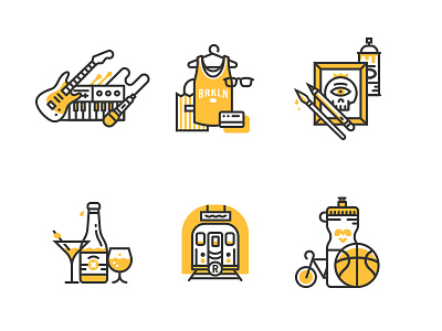 Illo'con style experimentation art brooklyn drinks fitness flat icon illustration line music shopping tiny bicycle transportation