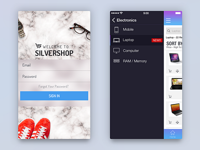 Login & Sidebar app 10 navigation bar design ux designer inspiration drawer menu e commerce e commerce shoping ecommerce make in india minimal sign in password ui mobile shoping ios sidemenu side bar uidesigner splash uiux user interface pattern mobile