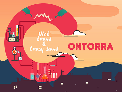 Web brand & crazy band chemistry clouds contorra houses illustration lab landscape mountains