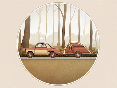 Foggy Forest Scene car green illustration red trees vector