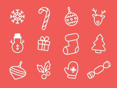 Christmas Icons bauble christmas firecracker icons pack present set snowflake snowman stroke vector