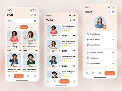 Fashion E-commerce App – Search, Wishlist & Account Pages account app app design design e commerce app e shop ecommerce ecommerce app fashion fashionapp mobile app pages search shop shoping shopping shopping cart wishlist