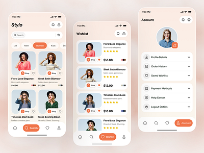 Fashion E-commerce App – Search, Wishlist & Account Pages account app app design design e commerce app e shop ecommerce ecommerce app fashion fashionapp mobile app pages search shop shoping shopping shopping cart wishlist
