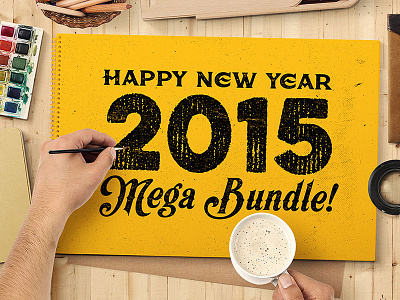 Happy New Year 2015 Mega Bundle! badge bundle deal dealjumbo fonts free logo mockup textures typeface typography vector