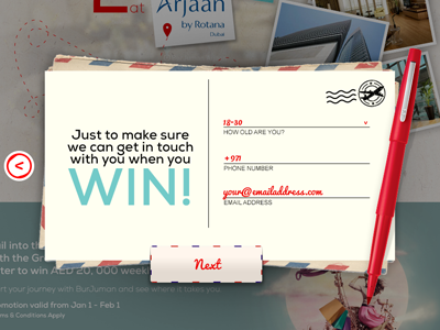 Win artwork button next pen postcard red win