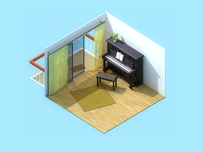 Piano Room box c4d low poly piano sunshine