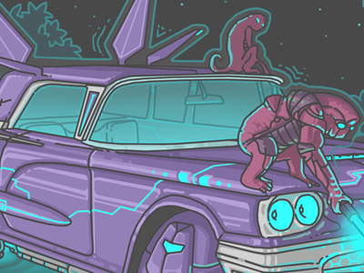 20th century classic cars. 20th art car classic color illustration indie lineart planet space whater