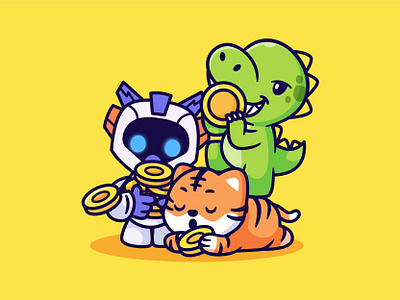 🤖 🐯 🦖 animal cartoon character claw coin cute happy illustration machine mascot robot sleep t rex tiger