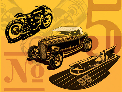 Transport 5 cafe racer car collectible hotrod hydroplane illustration lettering motorcycle numbers retro typography vintage