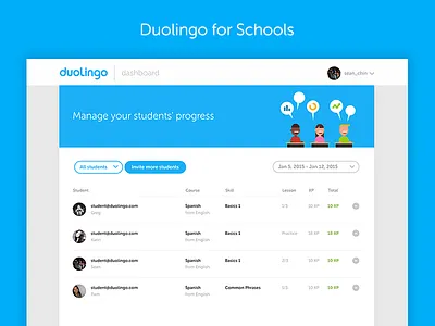 Duolingo for Schools dashboard flat home illustration landing page school splash ui web website