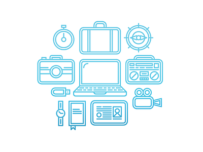 Travel Workplace Illustration barometer boombox camera compass computer id illustration outline simple travel usb workplace