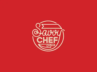 WIP | food related chef circle display food inline. mono weight knife logo red savvy script