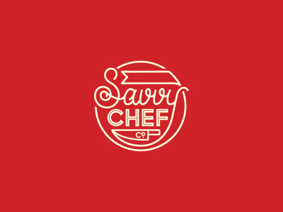 WIP | food related chef circle display food inline. mono weight knife logo red savvy script