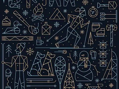 Night In The Northwoods blue camping fire gold lines night north snowman stars winter woods