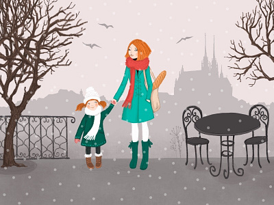 Brno birds brno city drawing girl illustration panorama procreate snow trees winter