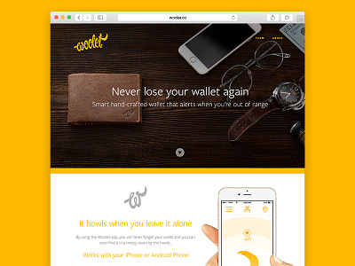 Woolet landing page bluetooth ibeacon iphone 6 landing lettering radar sensor smart wallet web woolet yellow