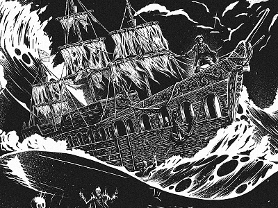 Rough Seas black and white detail digital illustration pirate sea ship