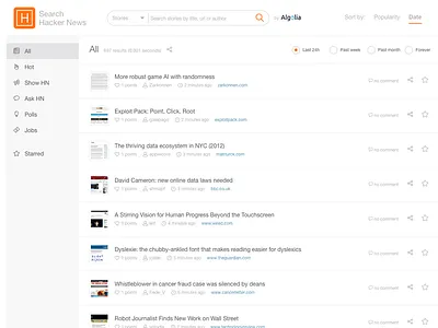 Hacker News Search - Experimental Design algolia api hacker news hackernews hn instant search ui ux