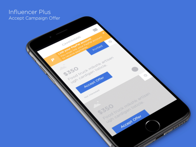 Influencer Plus Offer Acceptance after effects fullscreen influencer plus ios prototype sketch wireframe