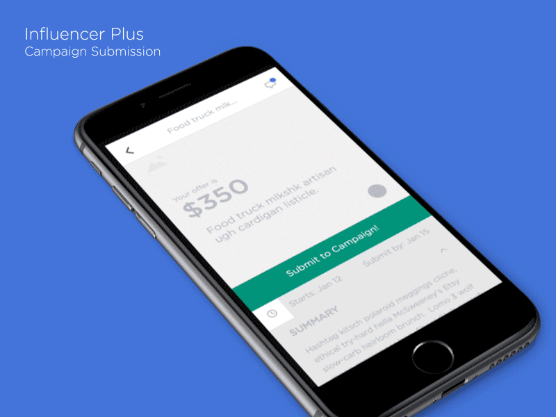 Influencer Plus Campaign Submission after effects fullscreen influencer plus ios prototype sketch wireframe